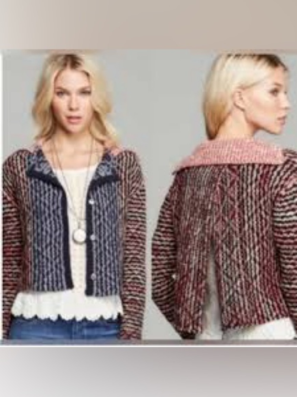 Free People Vintage Split Back Wool Blend Cardigan Navy Burgundy snap front S